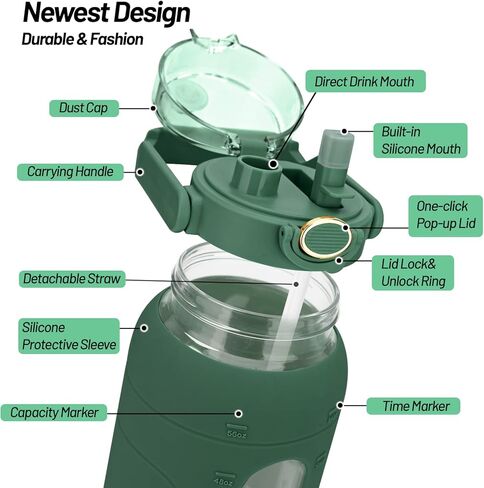 زجاجة مياه زجاجية سعة 64 أونصة من ترونكو مع غطاء من القش وعلامة للوقت، زجاجة مياه تحفيزية كبيرة بنصف جالون مع غطاء من السيليكون، إبريق شرب قابل لإعادة الاستخدام سعة 2 لتر للتمرين في صالة الألعاب الرياضية المنزلية، خالية من مادة BPA، أخضر فاتح in Kuwait