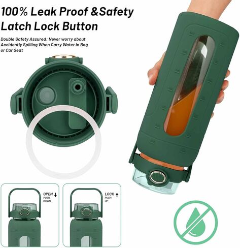 زجاجة مياه زجاجية سعة 64 أونصة من ترونكو مع غطاء من القش وعلامة للوقت، زجاجة مياه تحفيزية كبيرة بنصف جالون مع غطاء من السيليكون، إبريق شرب قابل لإعادة الاستخدام سعة 2 لتر للتمرين في صالة الألعاب الرياضية المنزلية، خالية من مادة BPA، أخضر فاتح in Kuwait