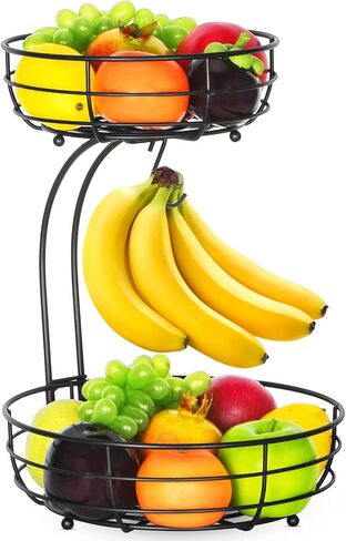 Bextsrack 2-Tier Countertop Fruit Basket Bowl with Banana Hanger, Metal Wire Fruits Stand Holder Storage Organizer for Kitchen, Black in Saudi Arabia