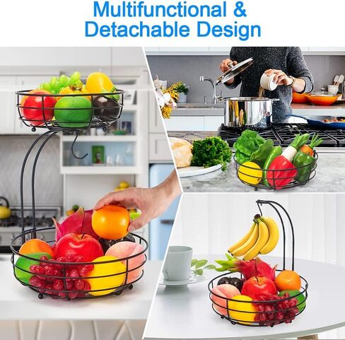 Bextsrack 2-Tier Countertop Fruit Basket Bowl with Banana Hanger, Metal Wire Fruits Stand Holder Storage Organizer for Kitchen, Black in Saudi Arabia