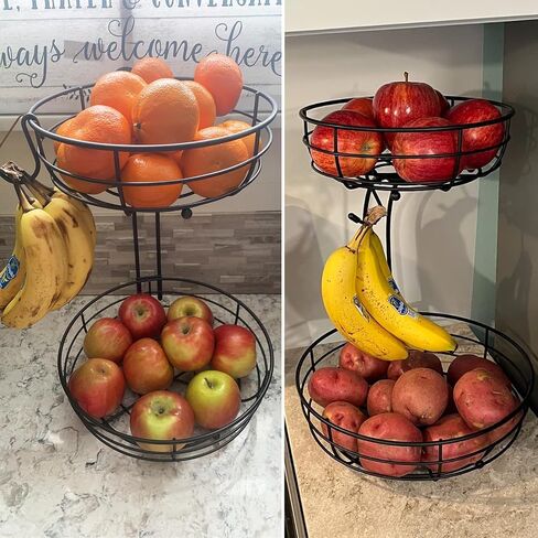 Bextsrack 2-Tier Countertop Fruit Basket Bowl with Banana Hanger, Metal Wire Fruits Stand Holder Storage Organizer for Kitchen, Black in Saudi Arabia