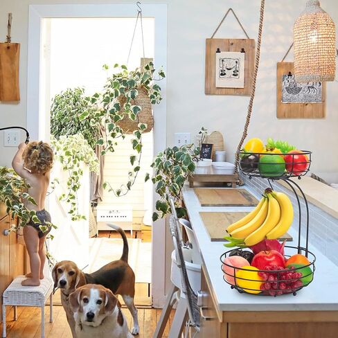 Bextsrack 2-Tier Countertop Fruit Basket Bowl with Banana Hanger, Metal Wire Fruits Stand Holder Storage Organizer for Kitchen, Black in Saudi Arabia