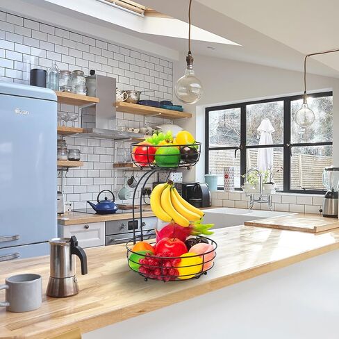 Bextsrack 2-Tier Countertop Fruit Basket Bowl with Banana Hanger, Metal Wire Fruits Stand Holder Storage Organizer for Kitchen, Black in Saudi Arabia
