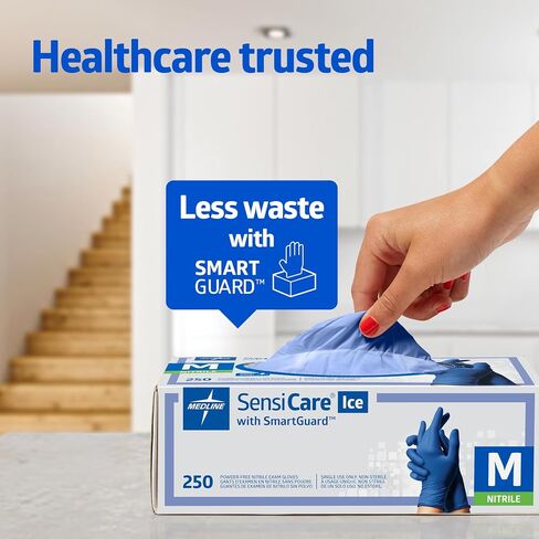 Medline MDS6800 SensiCare Ice Nitrile Exam Glove, Powder-Free with SmartGuard Film, 9.5" Length, XS, Dark Blue, Pack of 2500 in Saudi Arabia