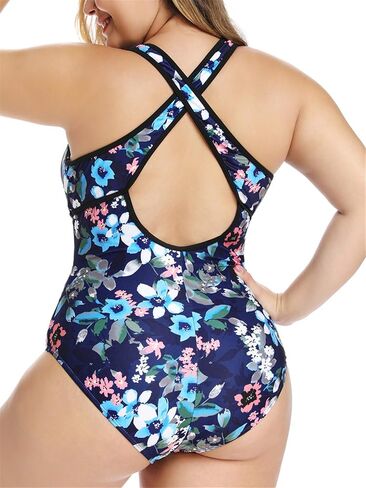 Women's Black Sexy Plus Size Rosa Floral Print One Piece Swimsuit,Plunge Neckline with Lace Up Detail Swimwear in Kuwait