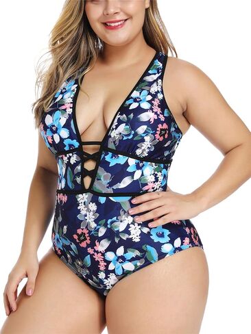 Women's Black Sexy Plus Size Rosa Floral Print One Piece Swimsuit,Plunge Neckline with Lace Up Detail Swimwear in Kuwait