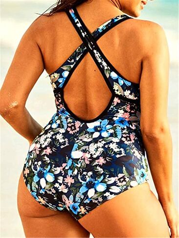 Women's Black Sexy Plus Size Rosa Floral Print One Piece Swimsuit,Plunge Neckline with Lace Up Detail Swimwear in Kuwait
