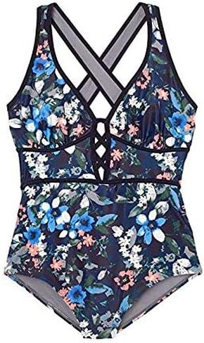 Women's Black Sexy Plus Size Rosa Floral Print One Piece Swimsuit,Plunge Neckline with Lace Up Detail Swimwear in Kuwait