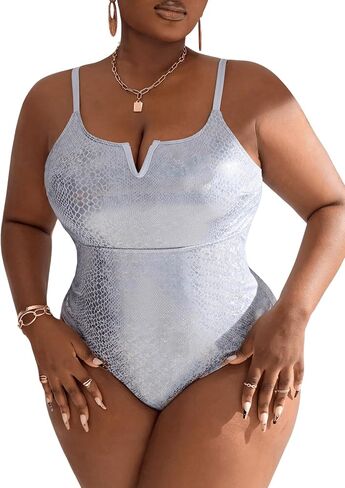SweatyRocks Women's Plus Size One Piece Swimwear Metallic Pattern V Neck Swimsuit Bathing Suit in Saudi Arabia