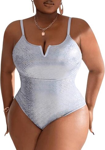 SweatyRocks Women's Plus Size One Piece Swimwear Metallic Pattern V Neck Swimsuit Bathing Suit in Saudi Arabia