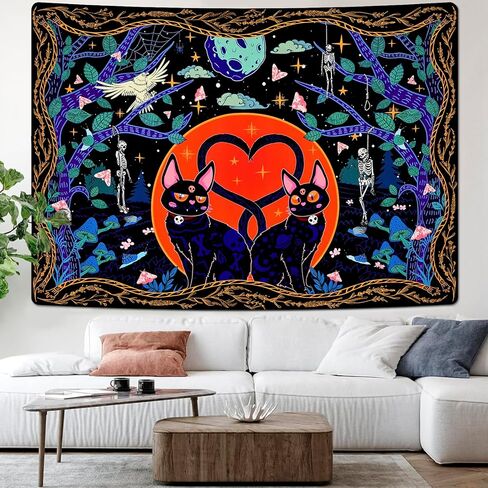 Invoibler القط نسيج الجمجمة نسيج الجمالية نسيج ساحر القمر نجوم نسيج القوطي الهيكل العظمي نسيج لطيف الحيوان نسيج الجدار شنقا لغرفة النوم (51.2 × 59.1 بوصة) in Kuwait