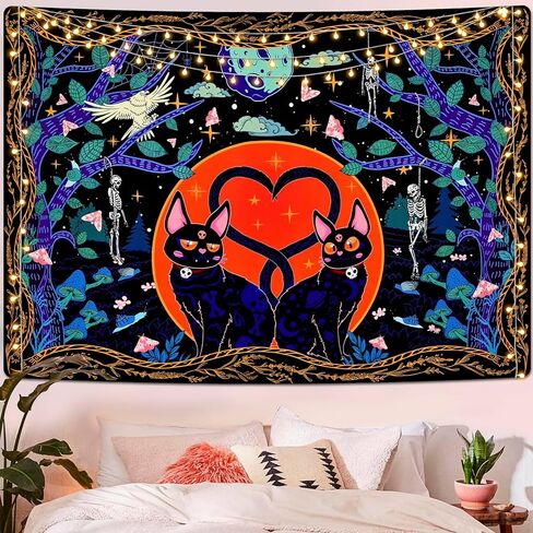 Invoibler القط نسيج الجمجمة نسيج الجمالية نسيج ساحر القمر نجوم نسيج القوطي الهيكل العظمي نسيج لطيف الحيوان نسيج الجدار شنقا لغرفة النوم (51.2 × 59.1 بوصة) in Kuwait