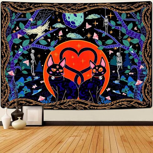 Invoibler القط نسيج الجمجمة نسيج الجمالية نسيج ساحر القمر نجوم نسيج القوطي الهيكل العظمي نسيج لطيف الحيوان نسيج الجدار شنقا لغرفة النوم (51.2 × 59.1 بوصة) in Kuwait