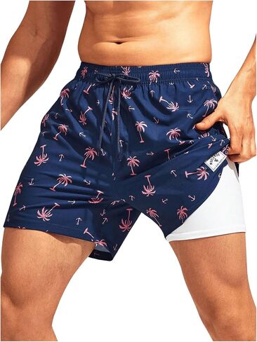 Verdusa Men's Summer Drawstring Elastic Waist Printed Swim Shorts Bathing Suits with Pockets in Saudi Arabia