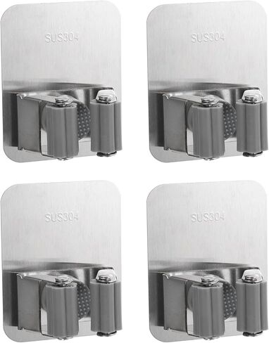 uxcell 4pcs Mop Broom Holder Wall Mount, 304 Stainless Steel Mop Holder Self Adhesive Broom Hanger with Screws, Suitable for Bathroom, Laundry Room, Grey in Saudi Arabia