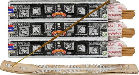Satya Super Hit Incense Sticks, Satya sai baba Insenses 15gmx3 (45 gm) pack with Raajsee Incense holder Bundle, Satya Nag champa Natural Incense in Kuwait