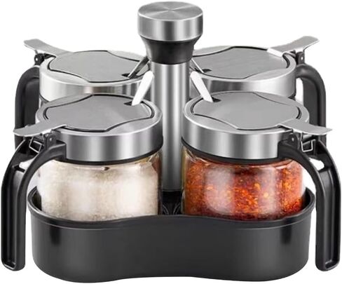 TINMIX Revolving Condiment Pots Sugar Bowl Salt & Pepper Cellar with Lid and Spoon, Set of 4 Seasoning Box Spice Jar with 360 Rotating Holder Tray for Kitchen, 4 Pots in Saudi Arabia
