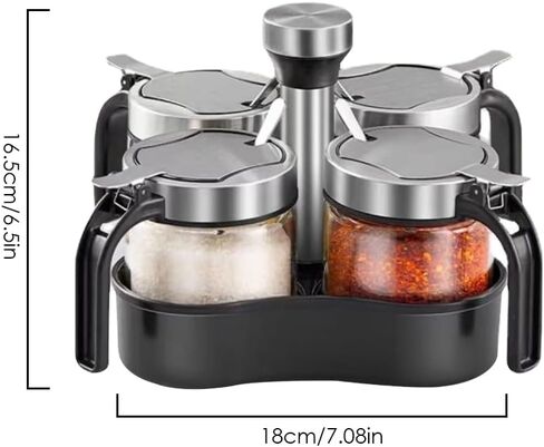 TINMIX Revolving Condiment Pots Sugar Bowl Salt & Pepper Cellar with Lid and Spoon, Set of 4 Seasoning Box Spice Jar with 360 Rotating Holder Tray for Kitchen, 4 Pots in Saudi Arabia