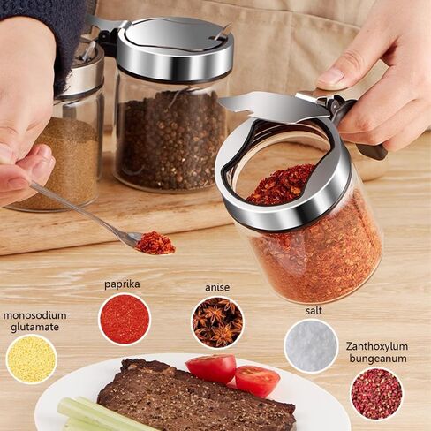TINMIX Revolving Condiment Pots Sugar Bowl Salt & Pepper Cellar with Lid and Spoon, Set of 4 Seasoning Box Spice Jar with 360 Rotating Holder Tray for Kitchen, 4 Pots in Saudi Arabia