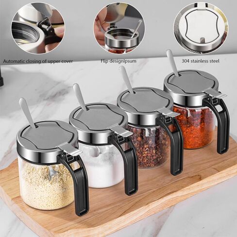 TINMIX Revolving Condiment Pots Sugar Bowl Salt & Pepper Cellar with Lid and Spoon, Set of 4 Seasoning Box Spice Jar with 360 Rotating Holder Tray for Kitchen, 4 Pots in Saudi Arabia