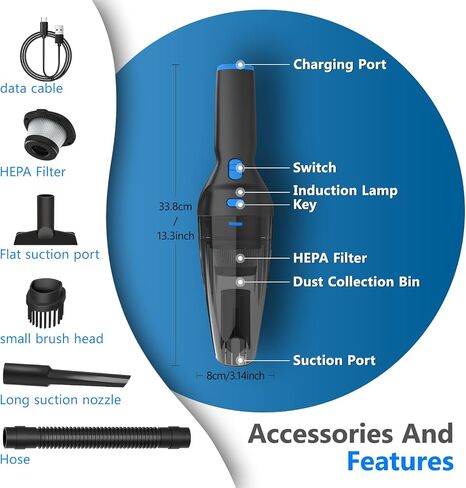 Cordless Handheld Vacuum Cleaner - Powerful 10000Pa Suction with High-Performance Motor, Handheld Vacuum Cordless, Vacuum Cleaner Type C Port, Dual Filters - Portable for Home, Car, and Pet Cleaning in Saudi Arabia