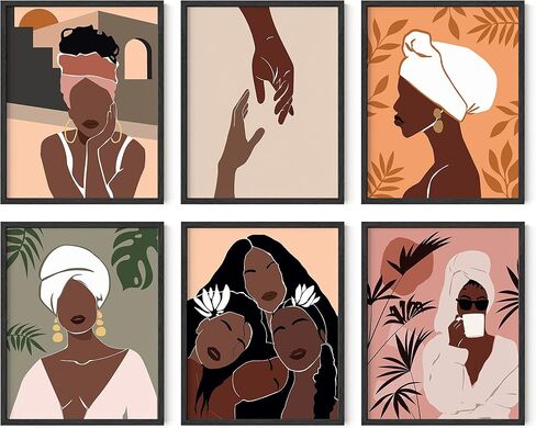 لوحة فنية جدارية للمرأة السوداء من Haus and Hues - مجموعة من 6 لوحات فنية جدارية للفتيات السود، لوحات نسائية سوداء للجدار، ديكور جداري سحري للفتاة السوداء، فن جداري أنيق للنساء، فن جداري غير مؤطر (11 × 14) in Kuwait