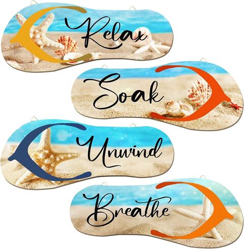 Kathfly 4 Pieces Beach Bathroom Decor Wooden Flip Flop Coastal Wall Hanging Decor Sign Summer Relax Soak Unwind Breathe Beach Wall Art Summer Rustic Beach Plaque for Living Room Laundry Spa Room in Saudi Arabia