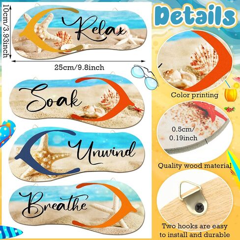 Kathfly 4 Pieces Beach Bathroom Decor Wooden Flip Flop Coastal Wall Hanging Decor Sign Summer Relax Soak Unwind Breathe Beach Wall Art Summer Rustic Beach Plaque for Living Room Laundry Spa Room in Saudi Arabia