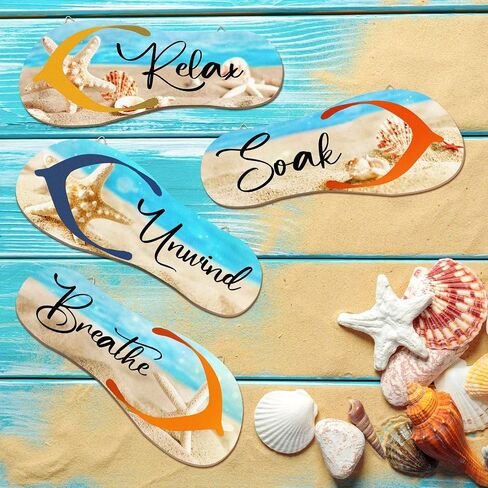 Kathfly 4 Pieces Beach Bathroom Decor Wooden Flip Flop Coastal Wall Hanging Decor Sign Summer Relax Soak Unwind Breathe Beach Wall Art Summer Rustic Beach Plaque for Living Room Laundry Spa Room in Saudi Arabia
