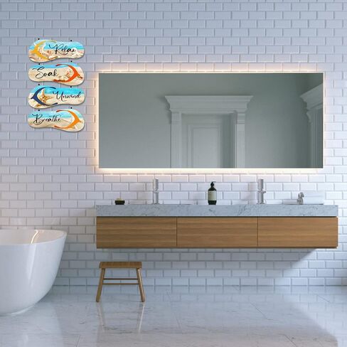 Kathfly 4 Pieces Beach Bathroom Decor Wooden Flip Flop Coastal Wall Hanging Decor Sign Summer Relax Soak Unwind Breathe Beach Wall Art Summer Rustic Beach Plaque for Living Room Laundry Spa Room in Saudi Arabia