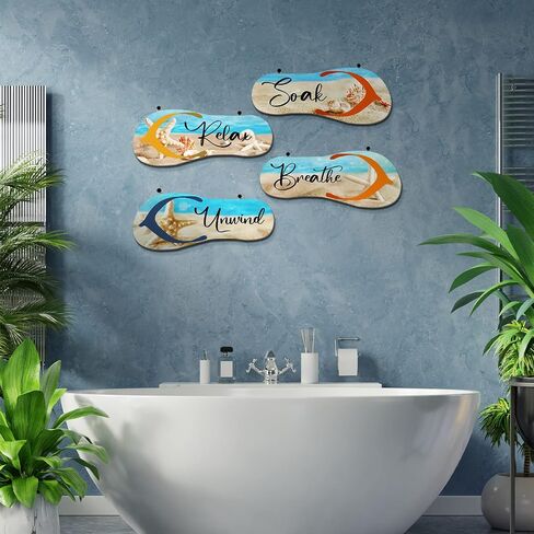 Kathfly 4 Pieces Beach Bathroom Decor Wooden Flip Flop Coastal Wall Hanging Decor Sign Summer Relax Soak Unwind Breathe Beach Wall Art Summer Rustic Beach Plaque for Living Room Laundry Spa Room in Saudi Arabia