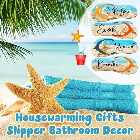 Kathfly 4 Pieces Beach Bathroom Decor Wooden Flip Flop Coastal Wall Hanging Decor Sign Summer Relax Soak Unwind Breathe Beach Wall Art Summer Rustic Beach Plaque for Living Room Laundry Spa Room in Saudi Arabia