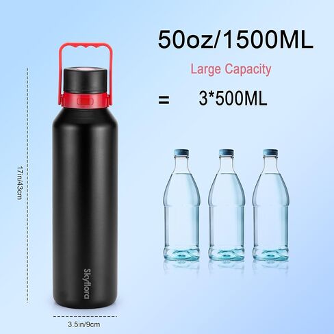 50oz Insulated Water Bottle with Handle, Double Wall 18/10 Stainless Steel, Large Tea Infuser Jug, One-Click Open, Dishwasher Safe & Leak Proof Canteen for Sports Gym Hiking Outdoors Men Women, Black in Saudi Arabia