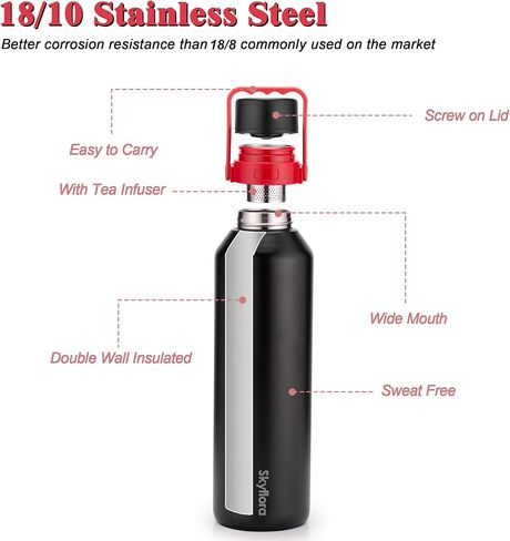 50oz Insulated Water Bottle with Handle, Double Wall 18/10 Stainless Steel, Large Tea Infuser Jug, One-Click Open, Dishwasher Safe & Leak Proof Canteen for Sports Gym Hiking Outdoors Men Women, Black in Saudi Arabia