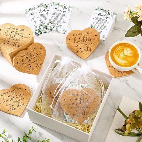 Uiifan 50 Set Wedding Favors for Guest Coaster Gifts Bulk Heart Shaped Coasters Thank You Cards Organza Bags Guest Souvenirs for Wedding Party Bridal Favors in Saudi Arabia