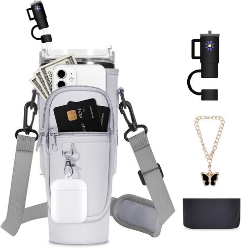 Water Bottle Carrier Bag with Silicone Water Bottle Boot & Charm Accessories & Straw Cover, Adjustable Water Bottle Holder for Stanley 40 oz with Phone Pocket Stanley Cup Accessories in Saudi Arabia
