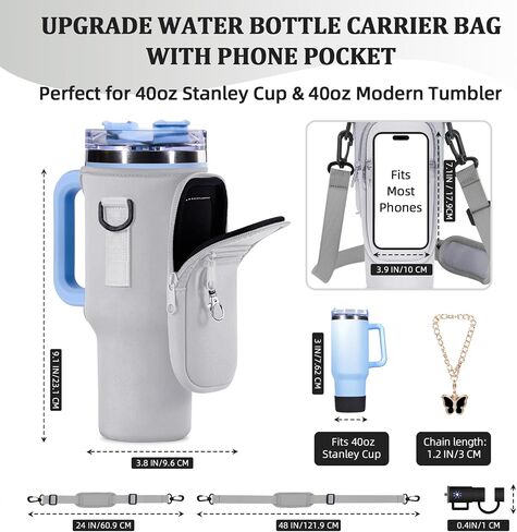 Water Bottle Carrier Bag with Silicone Water Bottle Boot & Charm Accessories & Straw Cover, Adjustable Water Bottle Holder for Stanley 40 oz with Phone Pocket Stanley Cup Accessories in Saudi Arabia