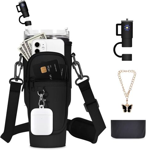 Water Bottle Carrier Bag with Silicone Water Bottle Boot & Charm Accessories & Straw Cover, Adjustable Water Bottle Holder for Stanley 40 oz with Phone Pocket Stanley Cup Accessories in Saudi Arabia