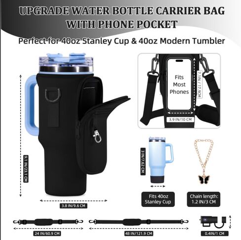 Water Bottle Carrier Bag with Silicone Water Bottle Boot & Charm Accessories & Straw Cover, Adjustable Water Bottle Holder for Stanley 40 oz with Phone Pocket Stanley Cup Accessories in Saudi Arabia