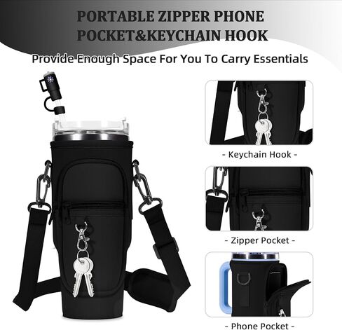 Water Bottle Carrier Bag with Silicone Water Bottle Boot & Charm Accessories & Straw Cover, Adjustable Water Bottle Holder for Stanley 40 oz with Phone Pocket Stanley Cup Accessories in Saudi Arabia
