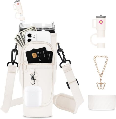 Water Bottle Carrier Bag with Silicone Water Bottle Boot & Charm Accessories & Straw Cover, Adjustable Water Bottle Holder for Stanley 40 oz with Phone Pocket Stanley Cup Accessories in Saudi Arabia