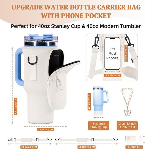 Water Bottle Carrier Bag with Silicone Water Bottle Boot & Charm Accessories & Straw Cover, Adjustable Water Bottle Holder for Stanley 40 oz with Phone Pocket Stanley Cup Accessories in Saudi Arabia