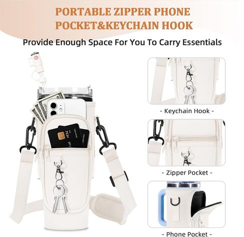 Water Bottle Carrier Bag with Silicone Water Bottle Boot & Charm Accessories & Straw Cover, Adjustable Water Bottle Holder for Stanley 40 oz with Phone Pocket Stanley Cup Accessories in Saudi Arabia