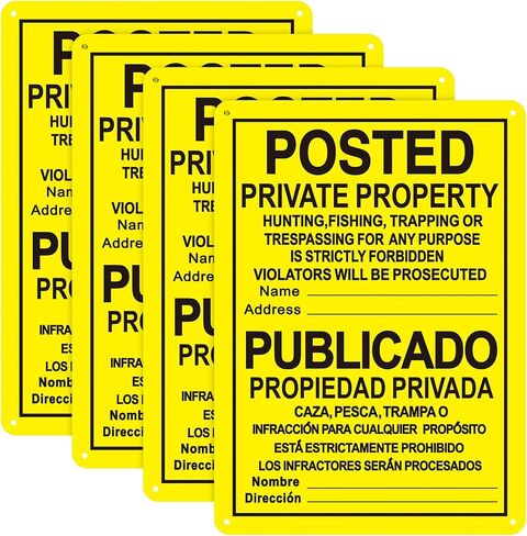 4 Pcs No Trespassing Signs Private Property 10" x 7" Bilingual English Spanish Reflective Aluminum Posted Signs Metal No Hunting Signs for Indoor Outdoor Use Hunting Fishing Trapping (Yellow) in Saudi Arabia