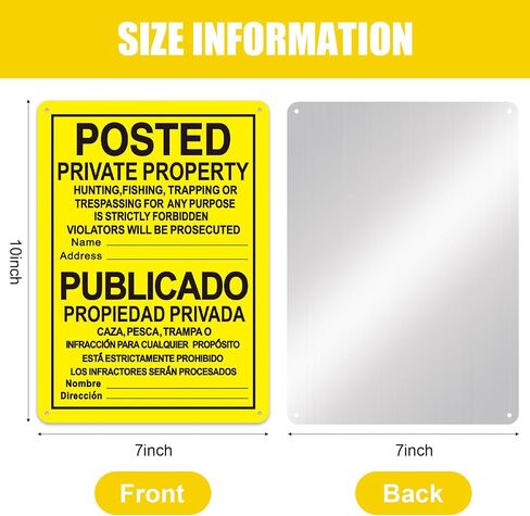 4 Pcs No Trespassing Signs Private Property 10" x 7" Bilingual English Spanish Reflective Aluminum Posted Signs Metal No Hunting Signs for Indoor Outdoor Use Hunting Fishing Trapping (Yellow) in Saudi Arabia
