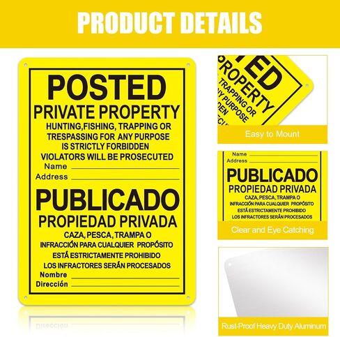 4 Pcs No Trespassing Signs Private Property 10" x 7" Bilingual English Spanish Reflective Aluminum Posted Signs Metal No Hunting Signs for Indoor Outdoor Use Hunting Fishing Trapping (Yellow) in Saudi Arabia