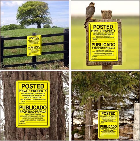 4 Pcs No Trespassing Signs Private Property 10" x 7" Bilingual English Spanish Reflective Aluminum Posted Signs Metal No Hunting Signs for Indoor Outdoor Use Hunting Fishing Trapping (Yellow) in Saudi Arabia