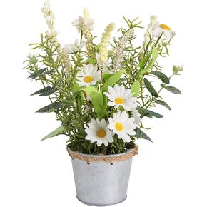 Artificial Flowers Potted, 12.2'’ Flower Arrangement w/Daisy & Lavender in Metal Pot, Fake Plants for Home Wedding Restaurant Dinner Decoration Shelf Table, White & Green