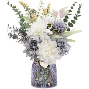 Home Decor Fake Flowers with Vase - Artificial Flowers Fake Plants Bouquet Decoration Realistic Dahlias, Hydrangeas, Eucalyptus Decor Modern Silk Flowers for Dining Table, Kitchen (Purple)