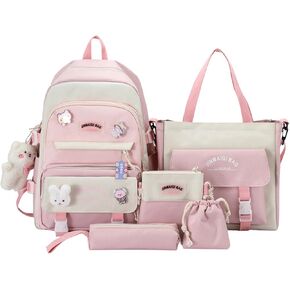5Pcs Kawaii Cute Backpacks Combo Set with Bear Pendant Pins Patchwork Japanese Aesthetic Anime Bunny Daypack Bag Kit (Pink)
